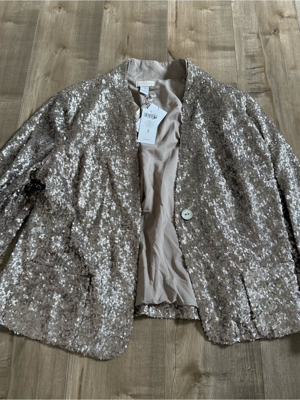 NEW Chico's Jacket All Over Sequin Metallic Pewter Sz 1 Special Occasion Button
